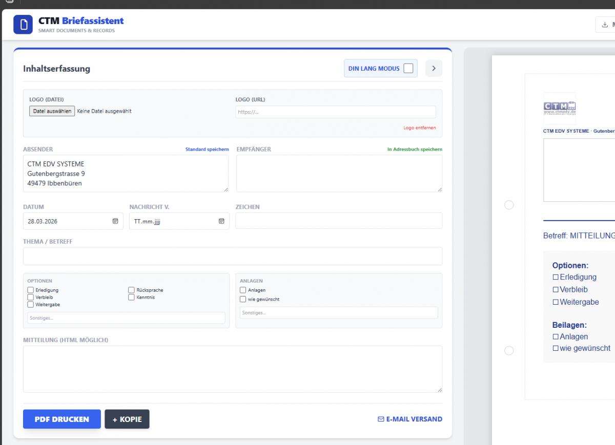 CTM Briefassistent Screenshot